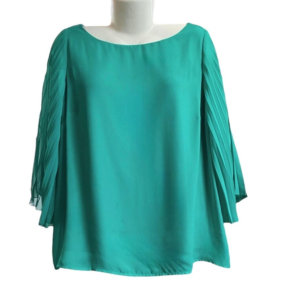 I.N. Studio Women's Green Boatneck 3/4 Accordion Sheer Slv Layered Blouse SZ XL